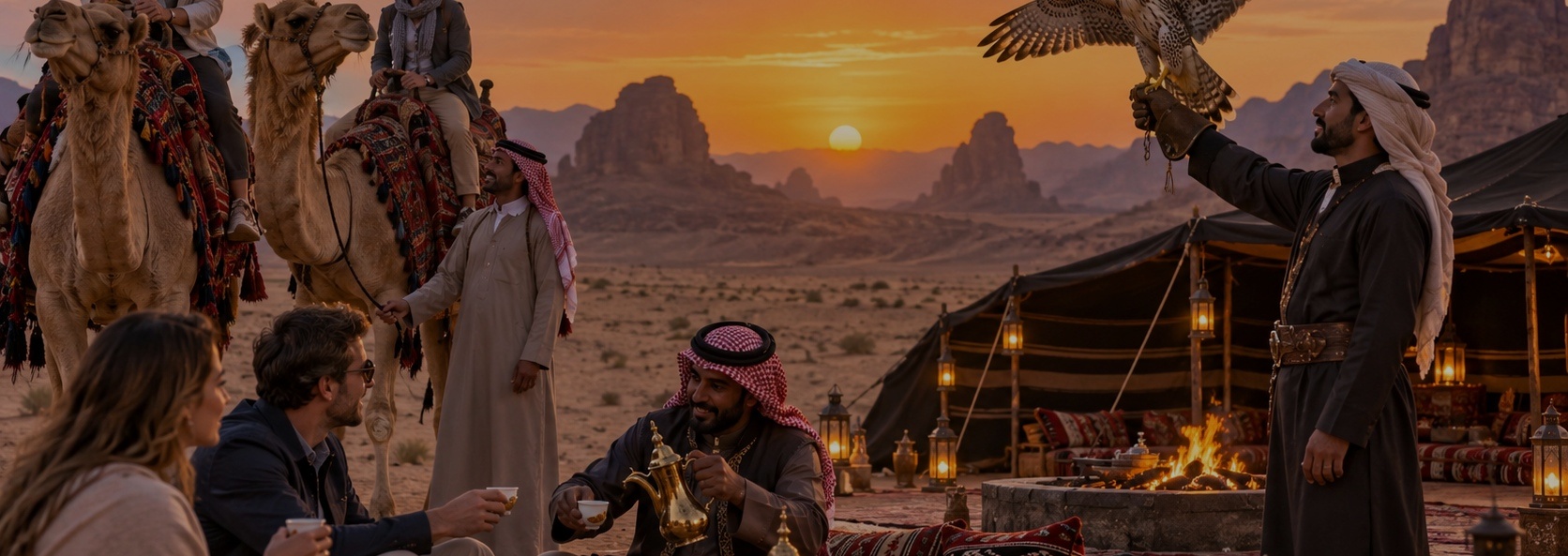 مخيم تراثي في بر الحماد عند الغروب، إبل وصقور وضيافة بدوية